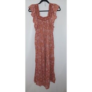 Free People Maxi Long Dress XS Women's Ruffle Orange White Floral With Pockets *